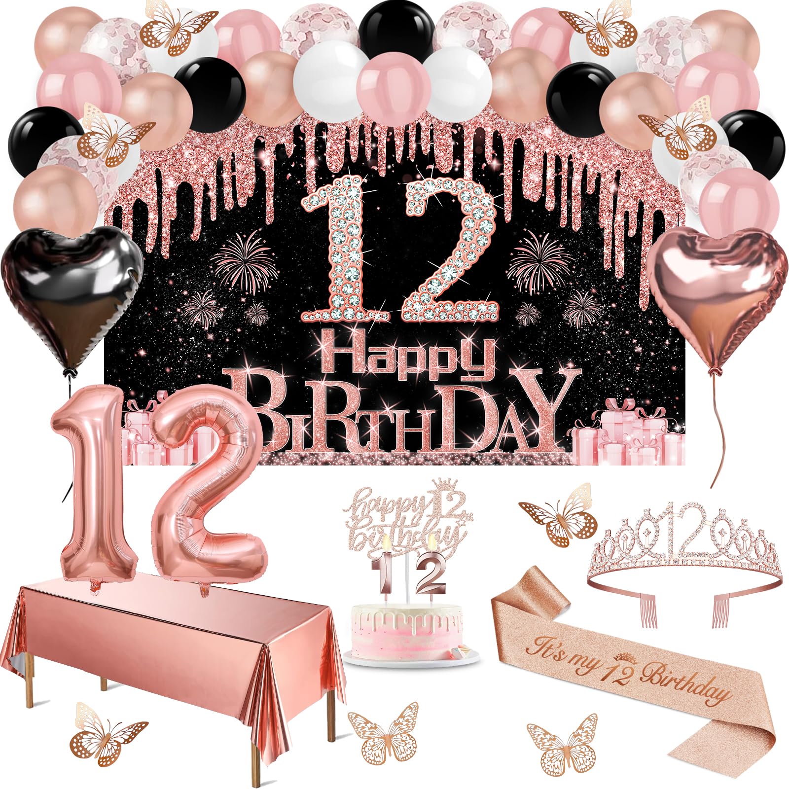 Photo 1 of 12nd Birthday Decorations for Girls, 49pcs Black Rose Gold Black Banner, Tablecloth, Butterfly Decor, 12nd Birthday Sash and Tiara, Cake Topper, Candles, Balloons Arch