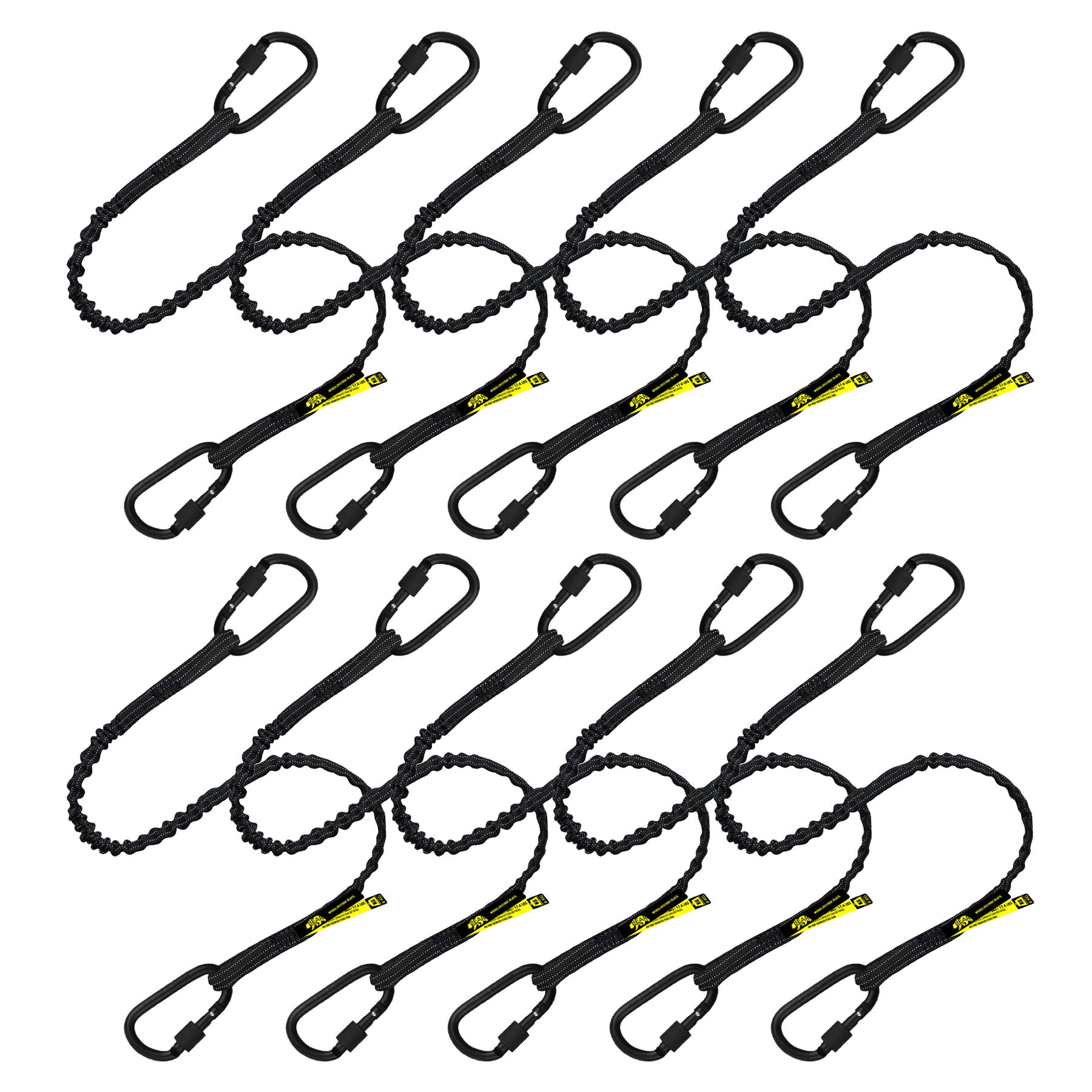 Premium Quality Dual Carabiner Tool Lanyard – Safety Fall Protection – Aluminium Screw Lock – Twin Locking Attachments - Ultra-Sturdy Tool Leash – Reflective Hi Visibility - 3 Foot (Black 10PK)