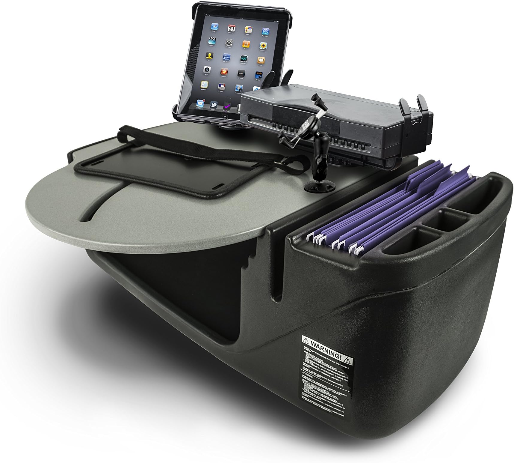 AutoExecAUE49100 RoadMaster Car Desk Grey Finish with Built-in 200 Watt Power Inverter, Phone Mount, Printer Stand and Tablet Mount