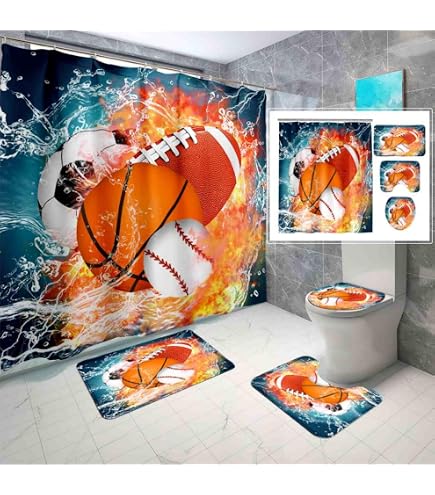 Sport-Duschvorhang Basketball-Fußball-Design – Wasserdicht, 183x213 Cm, Mit 12 Haken, Für Kinder & Teenager Badezimmer