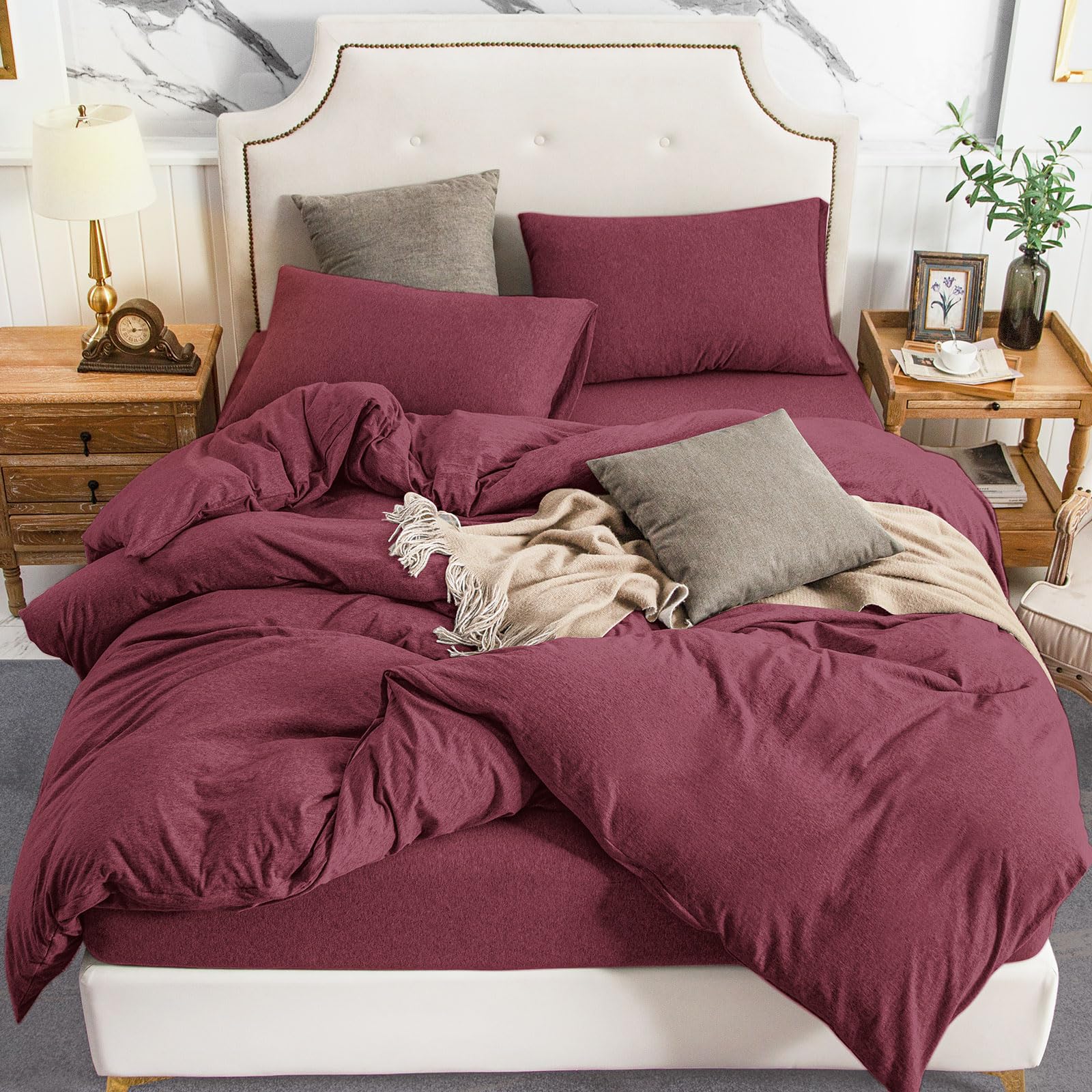 Photo 1 of PURE ERA Jersey Knit Duvet Cover Set 100% T-Shirt Cotton Super Soft Comfy 3pc Bedding Set with Zipper Closure (Heather Burgundy Red, King)
