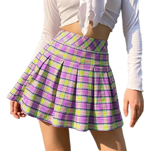 Women's Pleated Skirt High Waist A-Line Plaid Pleated Mini Skirt