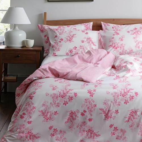 LERUUM Pink Autumn Bedding King Size Cotton Duvet Cover Sets Striped Floral Reversible Quilt Bed Set (Pink King Size)