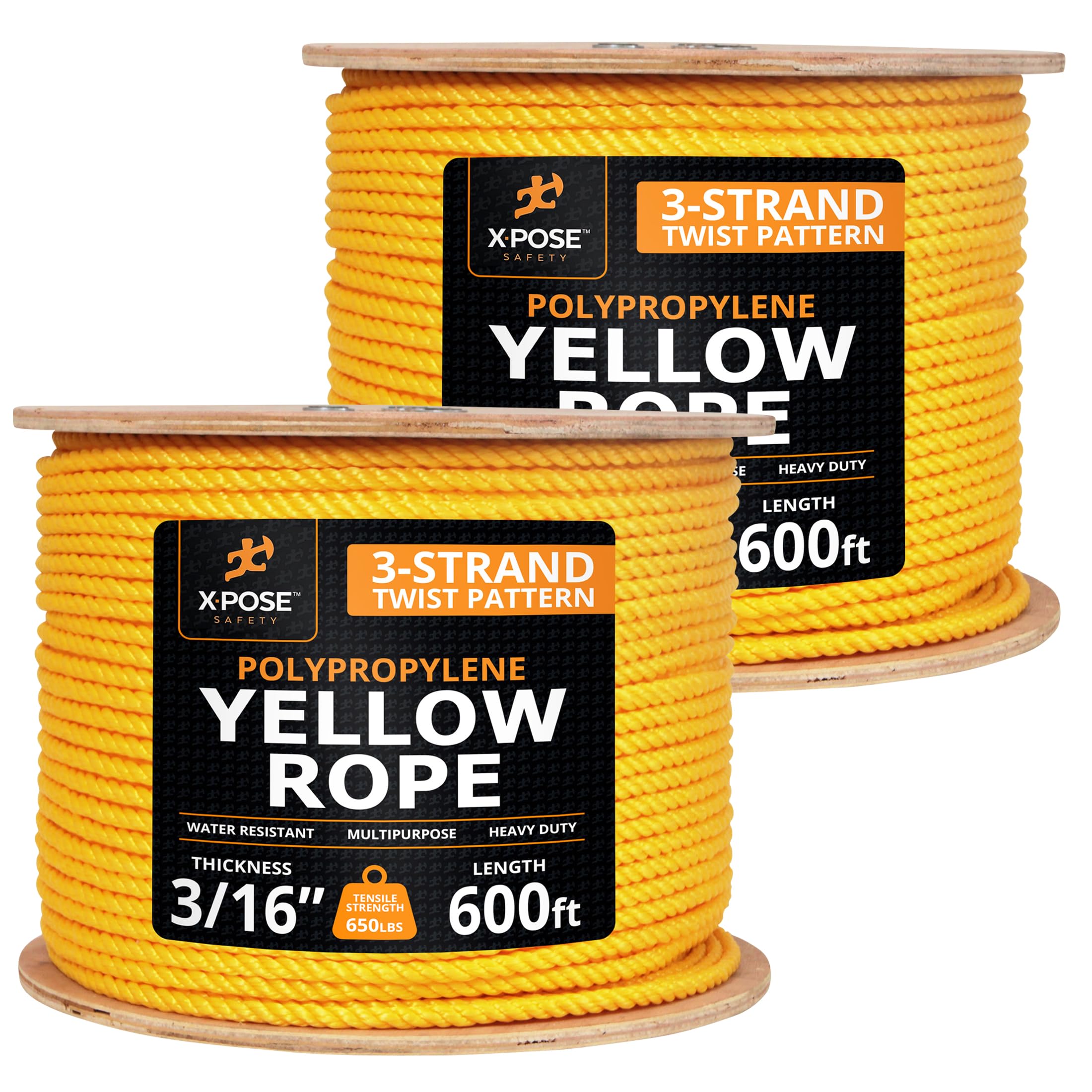 Yellow Twisted Polypropylene Rope, 3/16" Thickness x 600' Length Heavy Duty Poly Ropes for Outdoor and Marine Use, Yellow Rope for Visibility & Safety - 2 Packs Image