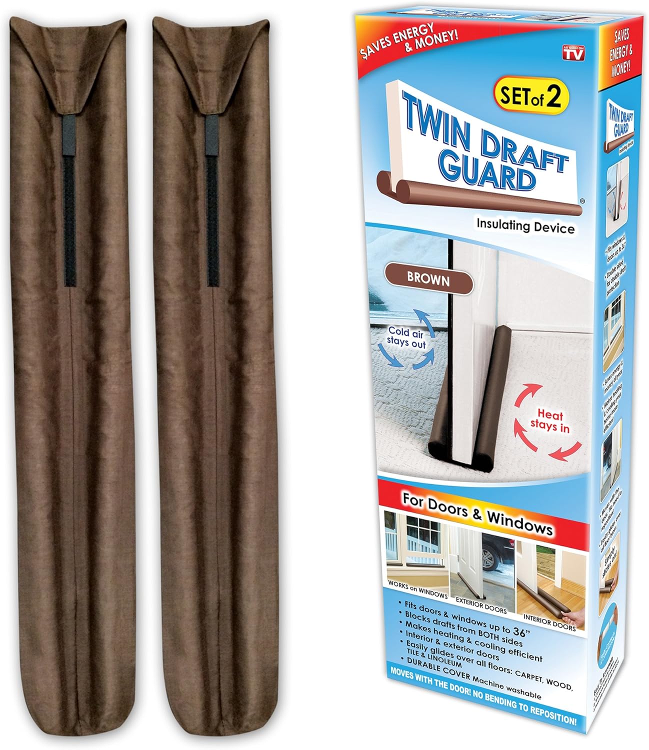 Draft Stoppers - Original Twin Draft Guard, Set of 2, Year-Round Insulator Door Seal Strip, Trademarked and Patented Under-Door Draft Stopper for Bottom of Door, 36-Inch Dust, Wind, and Noise Insulator, Brown