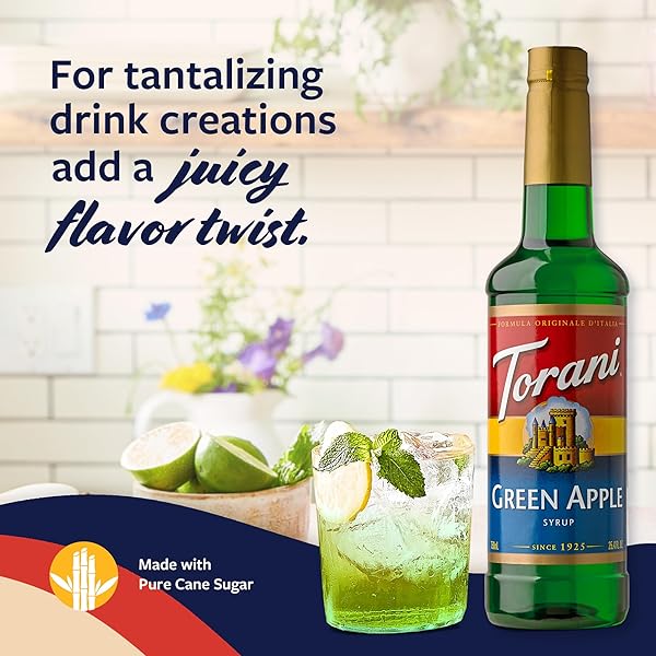 TORANI GREEN APPLE SYRUP FOR DRINKS, FLAVORING FOR SODAS AND COCKTAILS, PUMP INCLUDED, 25.4 OZ