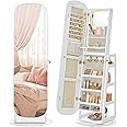 SONGMICS LED Jewelry Cabinet, 360° Swivel Jewelry Organizer, Lockable Mirror Jewelry Cabinet Standing, Rounded Wide Full-Length Mirror with Storage Shelves, Interior Mirror, Cloud White UJJC036W01