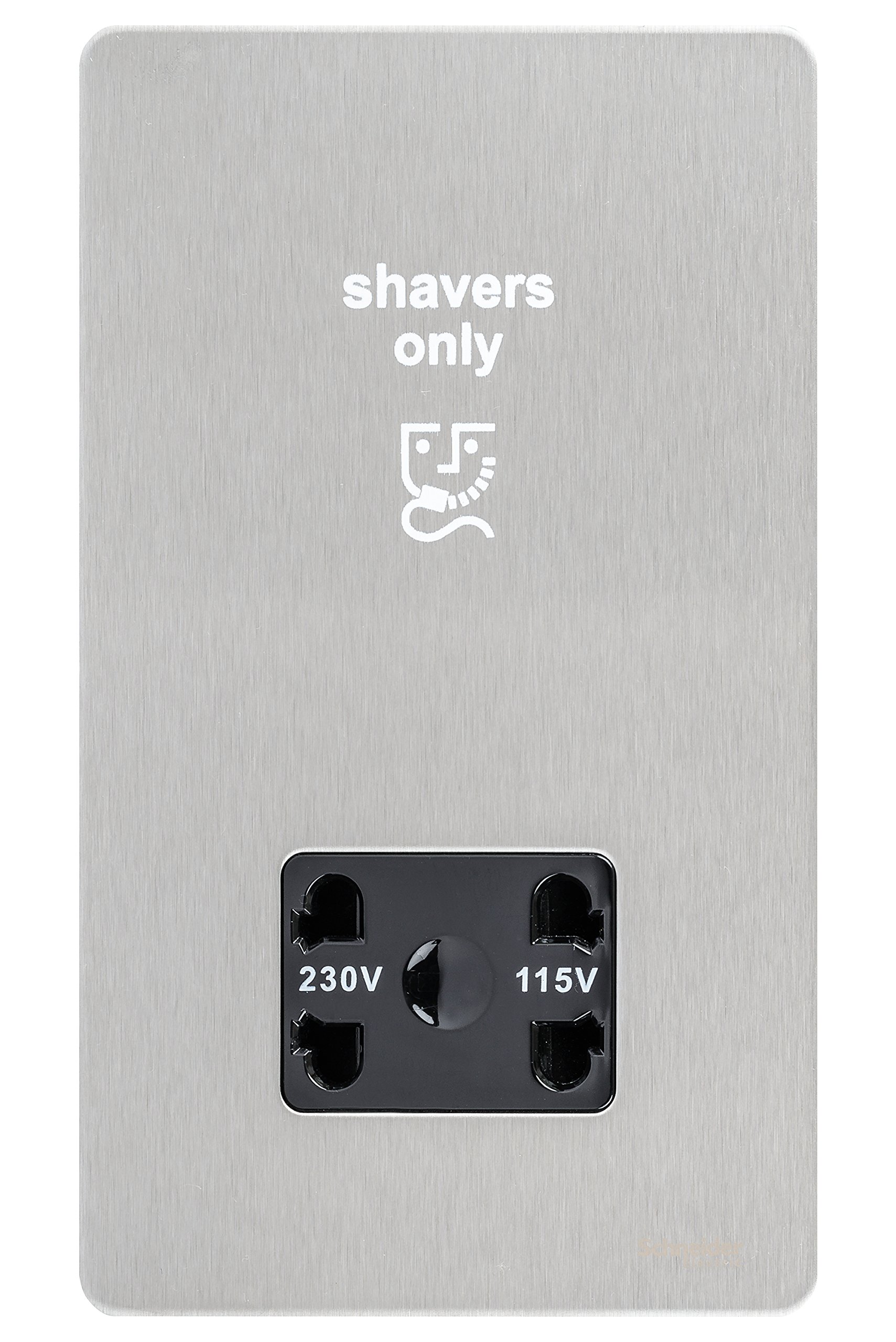 Schneider Electric Ultimate Screwless Flat Plate - Shaver Socket, Dual Voltage, 115/230V, GU7490BSS, Stainless Steel with Black Insert