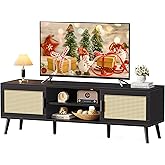 SUPERJARE TV Stand for 65 Inch TV, Entertainment Center with Adjustable Shelf, Rattan TV Console with 2 Cabinets, Media Console, Solid Wood Feet, 4 Cord Holes, for Living Room, Black
