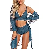 RSLOVE Women Sexy Lingerie Set 3 Piece Lace Kimono Robe with Bra and Panty Sheer Sleepwear