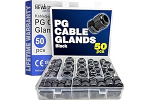 New Age America® 50pcs PG KableLock™ Cable Glands Kit | Black | PG7 - PG19 | Nylon Cord Grip Strain Relief | Adjustable with 