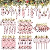 Realspring 30 Pcs Christmas Candy Ornaments Peppermint Candy Cane Christmas Decorations Plastic Lollipop Hanging Ornaments with Rope for Xmas Tree Party Holiday Supplies(Pink White)
