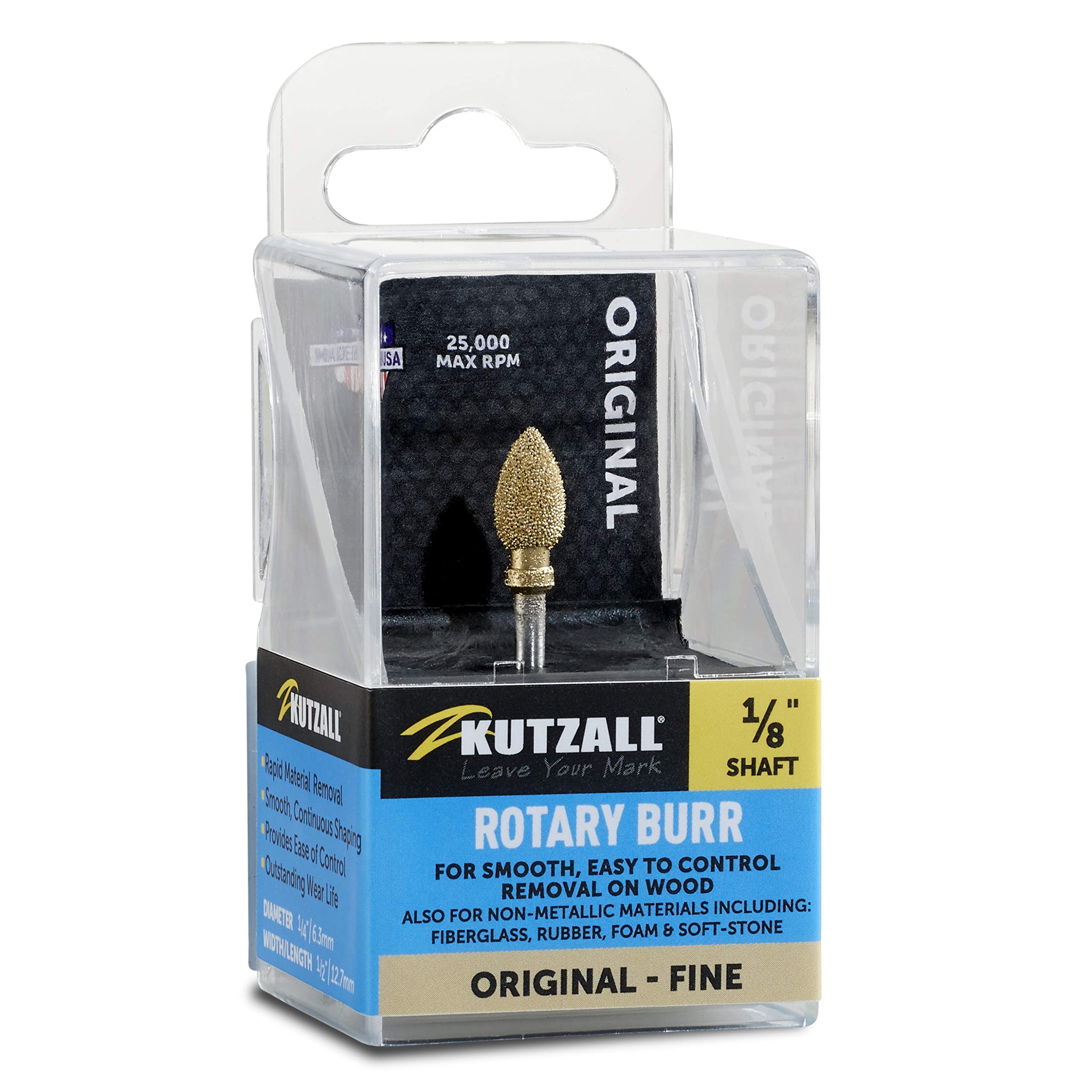 Kutzall Original Flame Rotary Burr, 1⁄8" Shaft, Fine - Woodworking Attachment for Dremel, Foredom, DeWalt, Milwaukee. Abrasive Tungsten Carbide, 1⁄4" (6.3mm) Dia. X 1⁄2" (12.7mm) Length, FL-14-EG