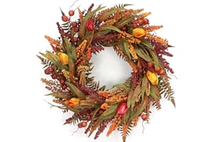 CHRISXIAO 24’’ Fall Wreath - Fall Wreaths for Front Door with Foliage, Berry Cattails and Flowers for Outdoors, Indoor Walls, Windows, Holidays, Thanksgiving,Harvest Wreaths Fall Decorations