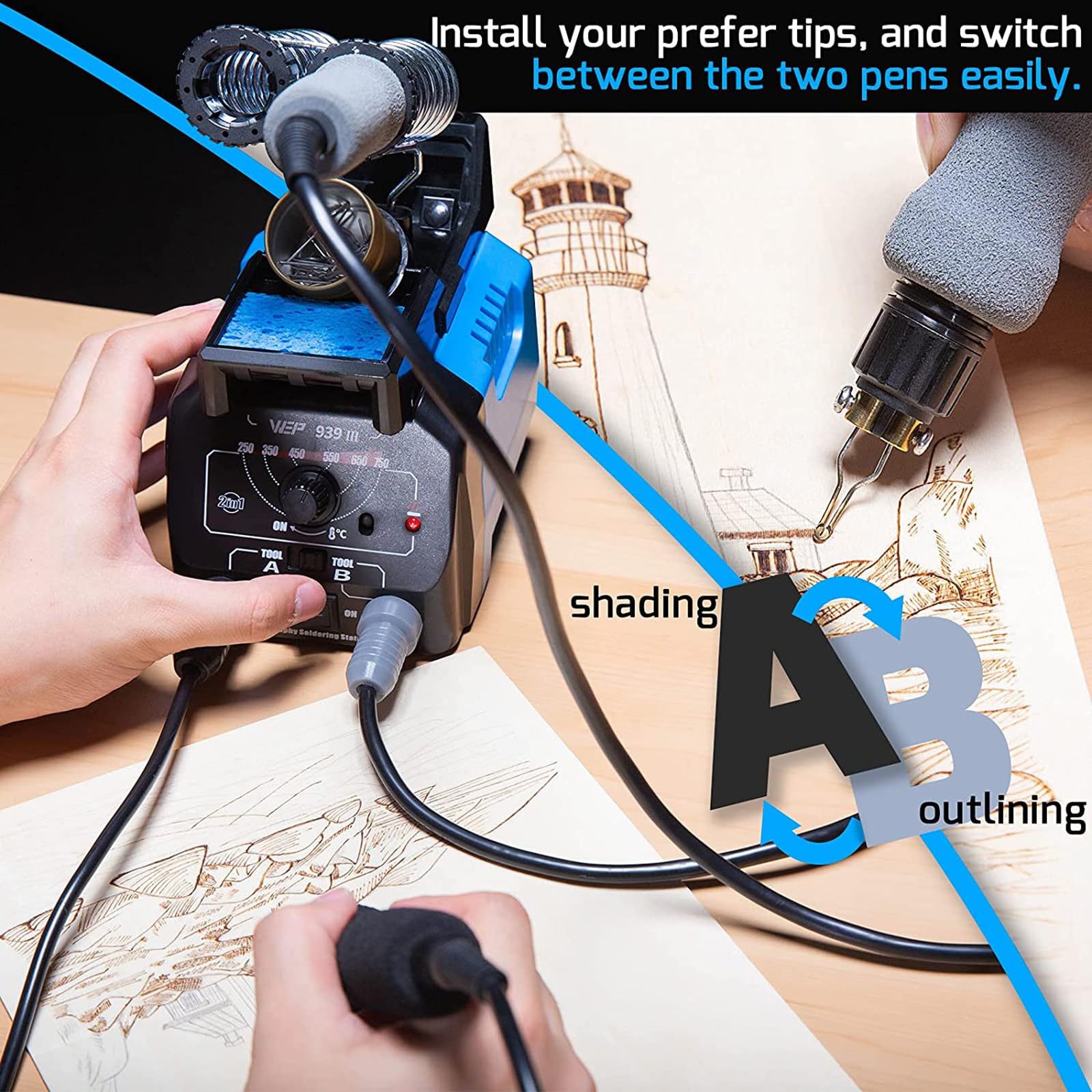 WEP 939-III Dual Pen Wood Burning Kit 34-IN-1 with 20 Woodburning Tips Soft-Grip Pyrography Pen with 2 Stencils, 2 Unfinished Wood, 1 Pen Holder Professional Wood Burner Tool