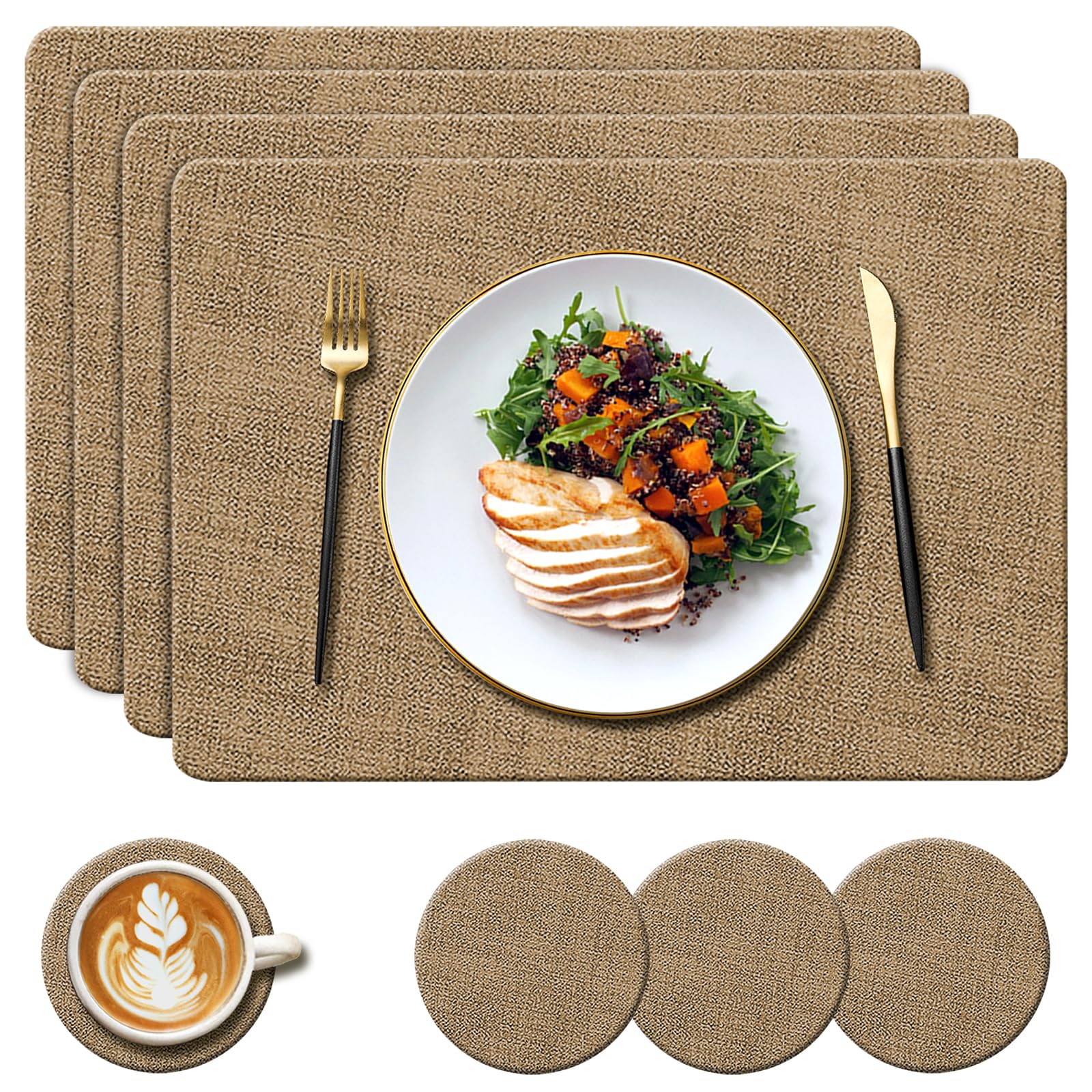 YUNJUER Leather Placemats and Coasters Set, Heat-Resistant 212 °F, Non-Slip and Waterproof, Easy to Clean, PU Tablemats for Home, Kitchen, Restaurant, Outdoor Dining Table, 8 Pieces, 43x30cm, (Beige)