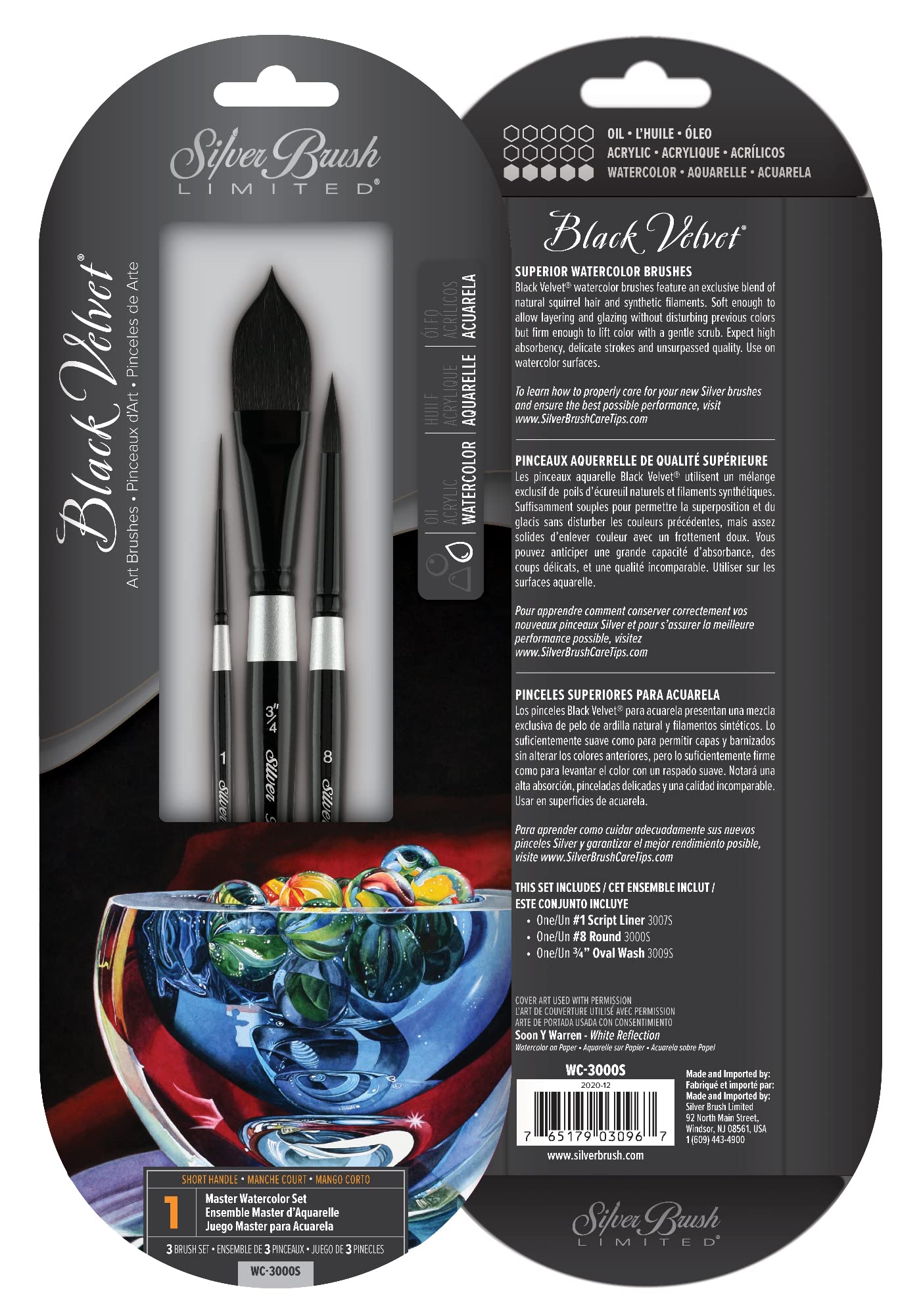 Silver Brush Limited WC-3000S Black Velvet 3pc Master Watercolor Set, Natural Squirrel Hair and Synthetic Mix Blend Filament Short Handle Oval Wash, Round and Script Liner Watercolour Brushes