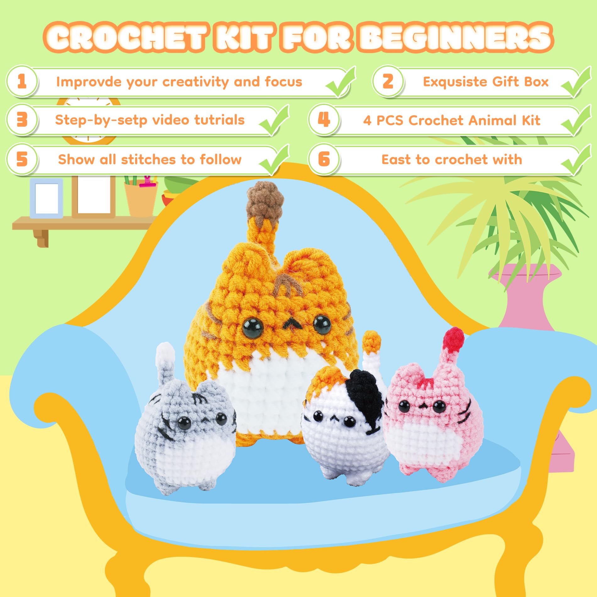 Crochet Kit for Beginners-4PCS Cat Crochet Kits for Adults, Crochet Starter Kit with Step-by-Step Video Tutorials, Crochet Animals Kits DIY Craft Knitting Kit Learn to Crochet Kits for Adults