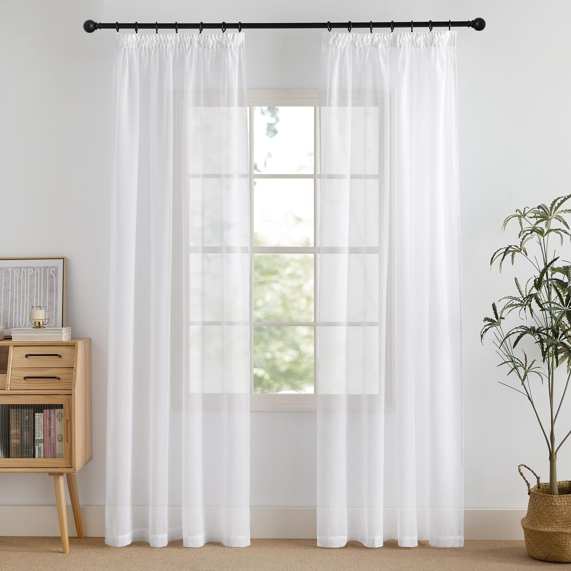 PONY DANCE White Curtains for Bedroom - Linen Look Net Curtain Pencil Pleat Thick Voile Fabric Light Filtering Semi Curtain Panels for Nursery Room, 2 Panels, W 55 inch x D 78 inch, 140CM x 200CM — image 1