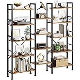 Furologee Triple 5 Tier Bookshelf, Bookcase with 14 Open Display Shelves, Wide Etagere Book Shelf, Industrial Shelving Units for Home Office, Living Room, Bedroom, Rustic Brown