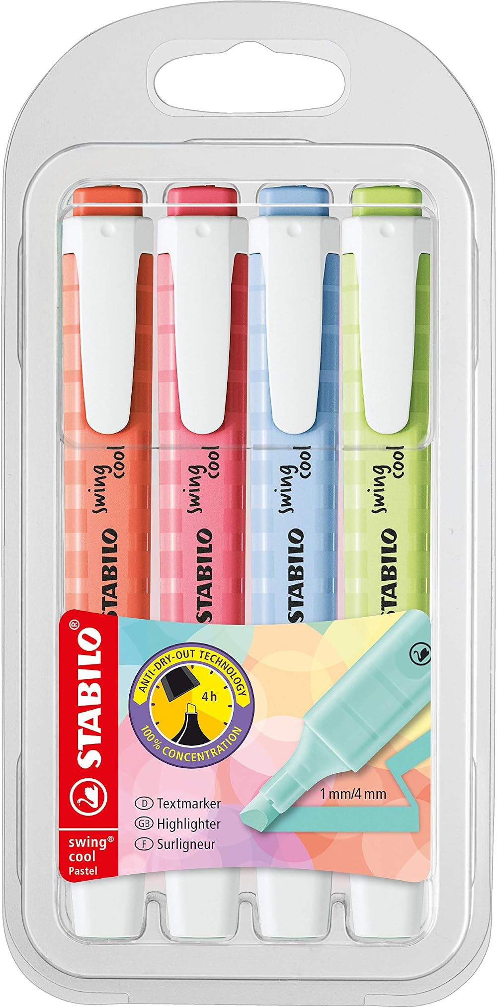 STABILO swing cool Pastel Highlighter Pack of 4 Lime Pink Blue Red