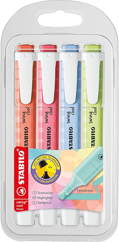 STABILO swing cool Pastel Highlighter Pack of 4 Lime Pink Blue Red