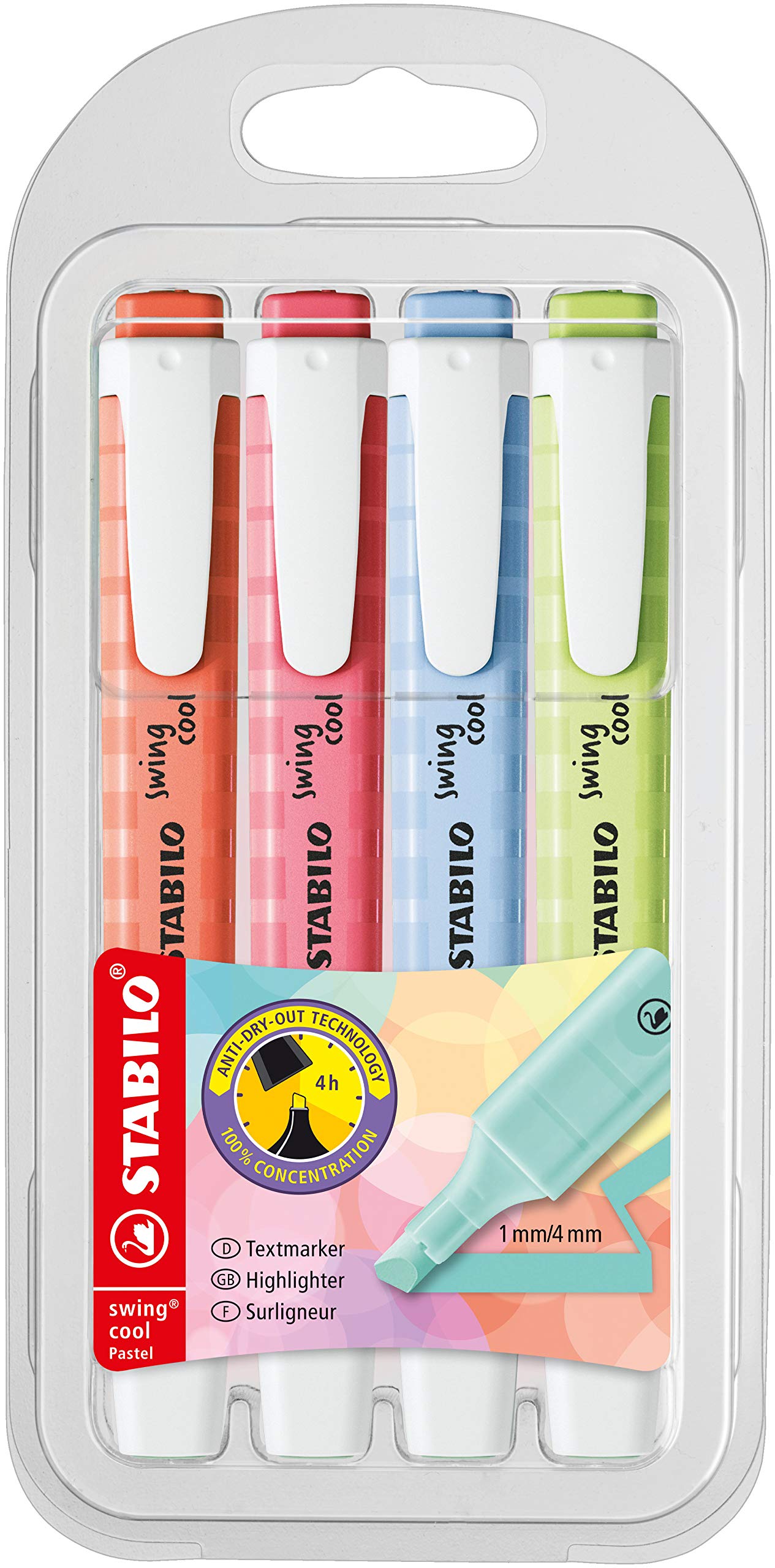 STABILO swing cool Pastel - Highlighter - Pack of 4 - Dash of Lime, Cherry Blossom Pink, Cloudy Blue, Mellow Coral Red