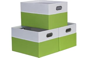 BinWhiz Storage Bins for Shelves, 15x11x9.5 inch Fabric Home Decor Organizer Baskets, Collapsible Closet Clothes Organizing Bins, 3 Pack, White & Green