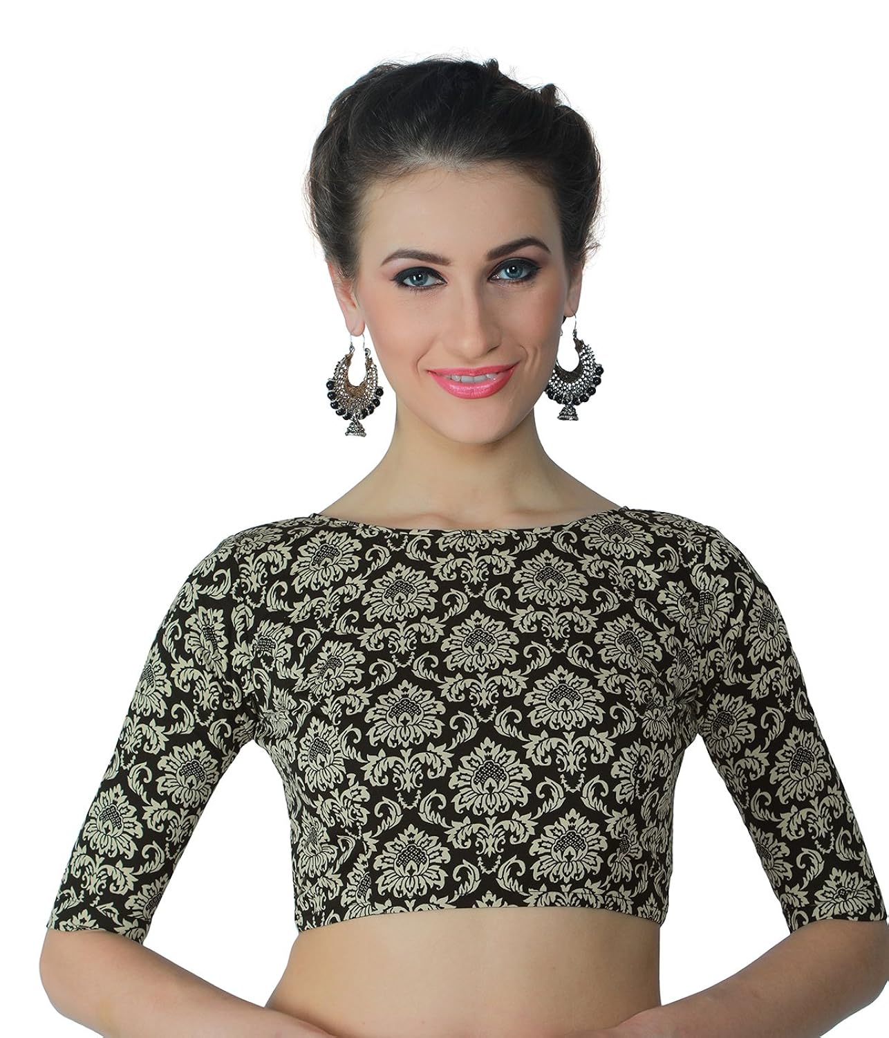 studio shringaar women's moghul print readymade saree blouse with elbow length sleeves