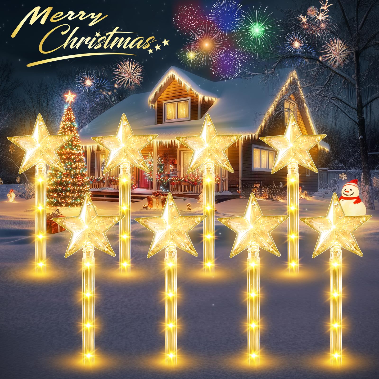 Photo 1 of Christmas Decorations Solar Lights Outdoor: 8 Pack 64 LED Solar Christmas Lights Outdoor Waterproof, 8 Warm White Lighting Modes Christmas Pathway Lights Xmas Decor for Outside Yard Garden Backyard