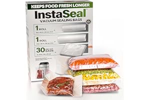 InstaSeal Vacuum Sealer Bags, 1 Roll 8" x 20 Ft + 1 Roll 11" x 20 Ft + 30 Pre-Cut Bags, Works With All Machines, Keeps Food F