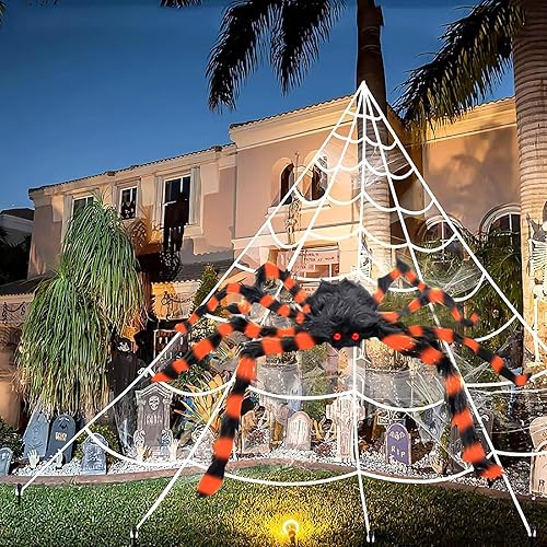 Halloween Decorations Outdoor: 50"Giant Spider+200"Triangle Spider Web Set Decor,Reusable Scary Outdoor Halloween Decorations for Indoor House Garden Yard Party