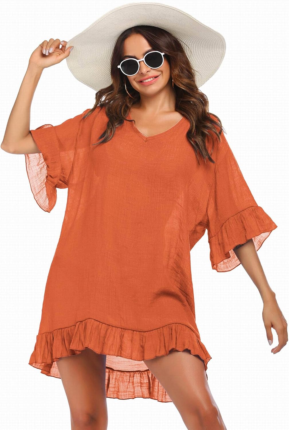 Ekouaer Swimsuit Cover Ups, Women's Bathing Suit Coverups Dress Bikini Beach Tunic Top(Orange