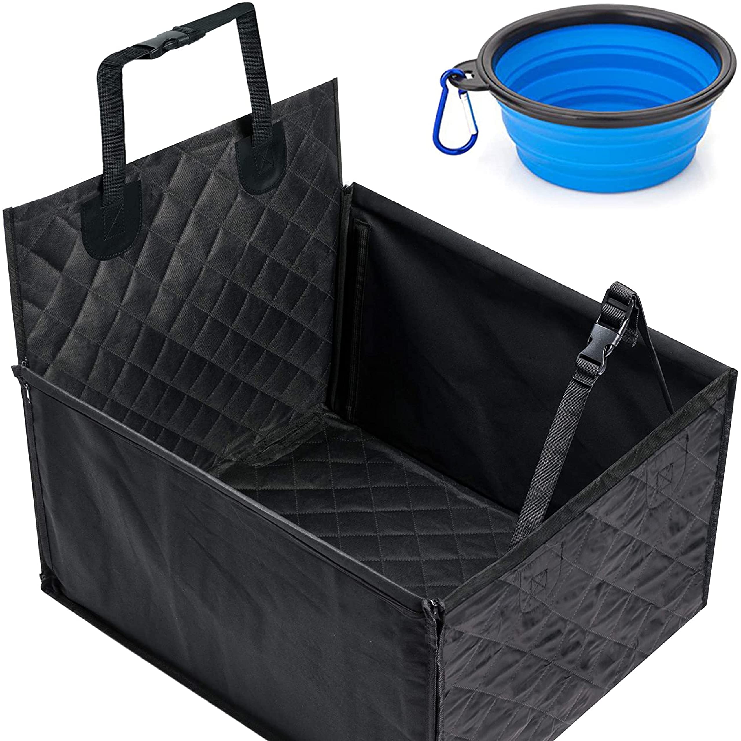 smartpeas Dog Car Seat - 60x53x35 cm - Quilted & Anti-Slip - Secure Fiberglass Rods - Strap Installation - Plus: Foldable Bowl