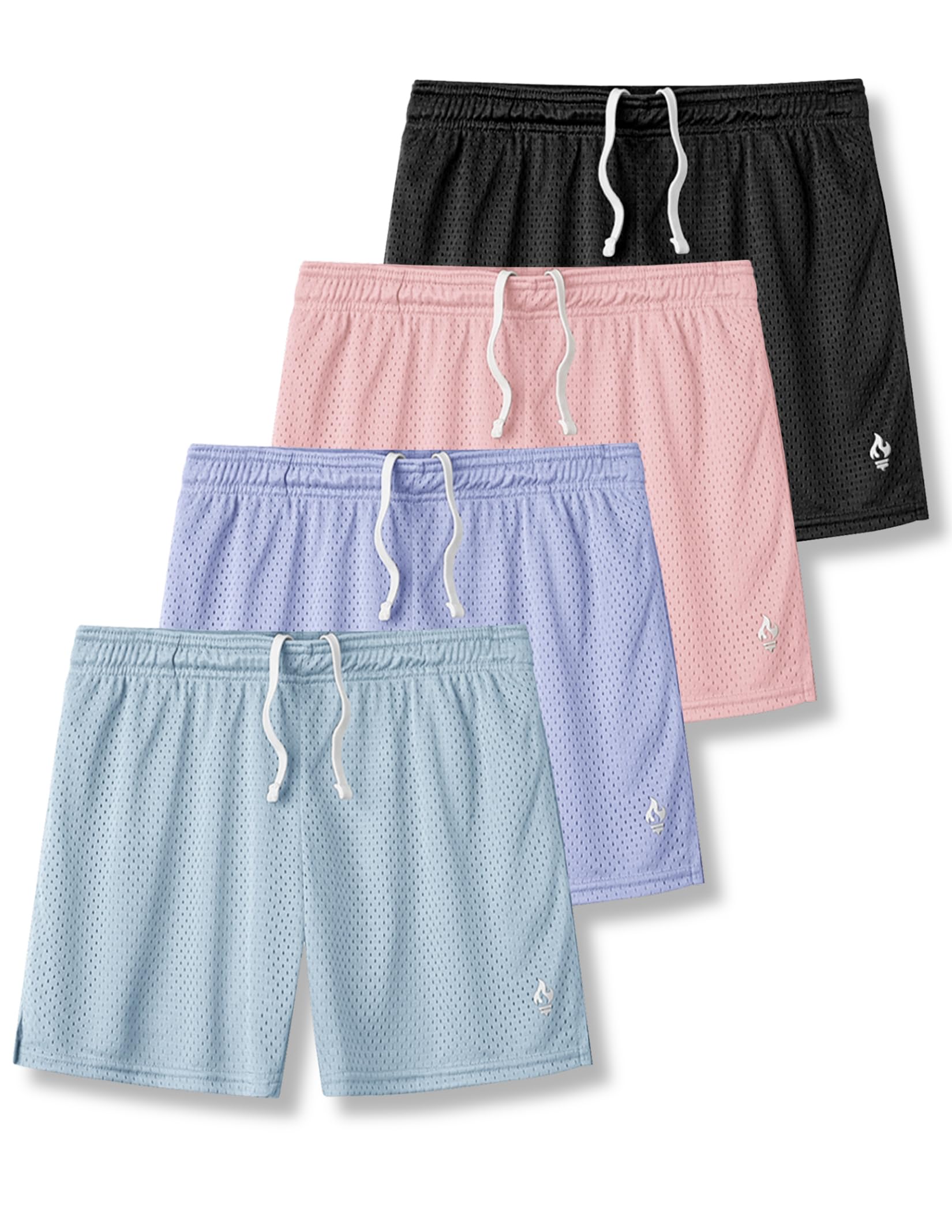 Photo 1 of 4 Pack: Girls Airy Mesh Active Athletic Sport Shorts, Youth Running Performance Clothes with Pockets (Set 6, Large)