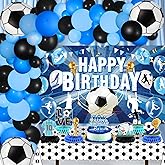 Soccer Birthday Party Decorations for Boys Men 88Pcs Blue Soccer Happy Birthday Banner Honeycomb Centerpieces Balloons Arch Cake Topper Tablecloth Supplies for Sports Soccer Ball Theme Party Decor