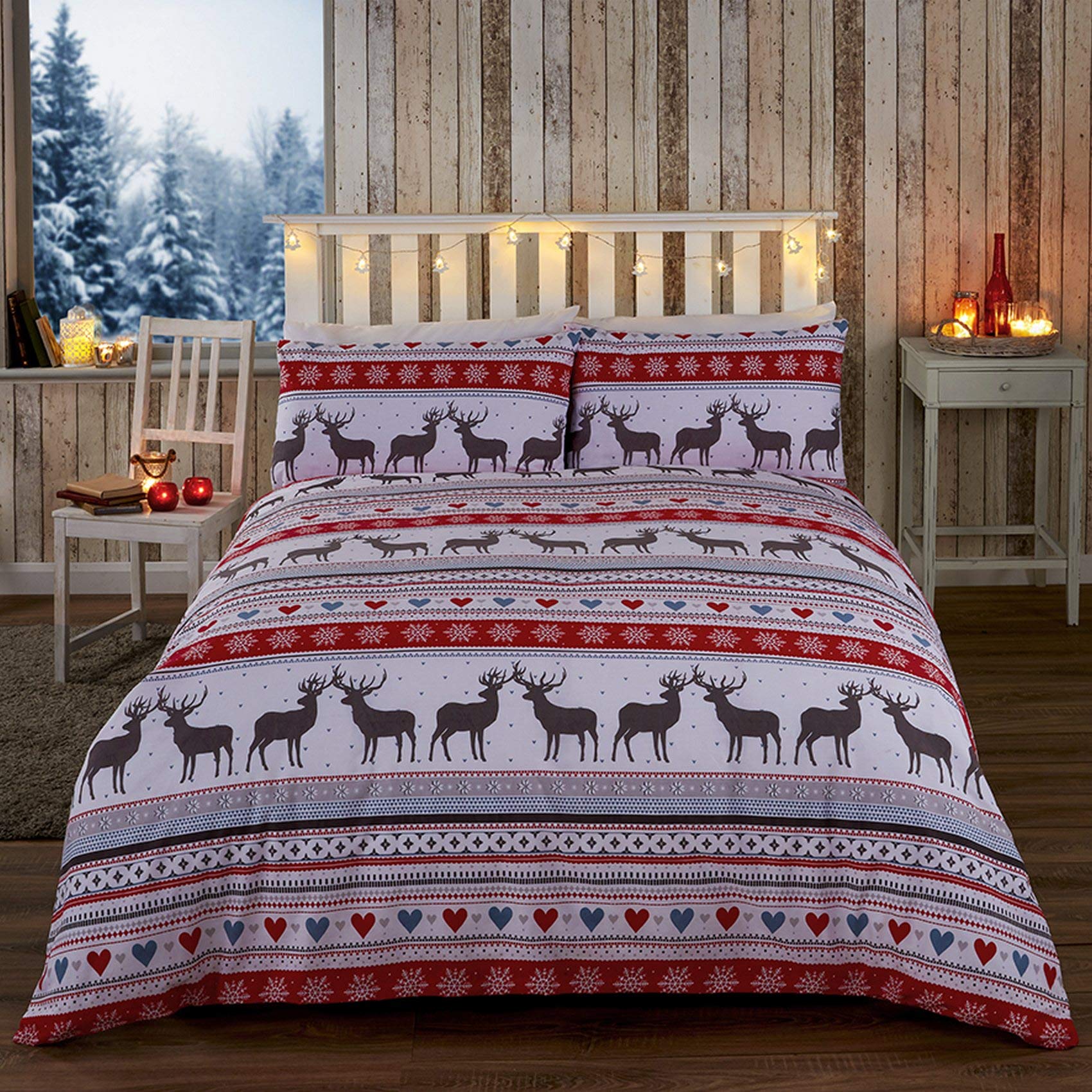 Rapport Christmas Scandi Reindeer Duvet Cover Set, Polycotton Red, King