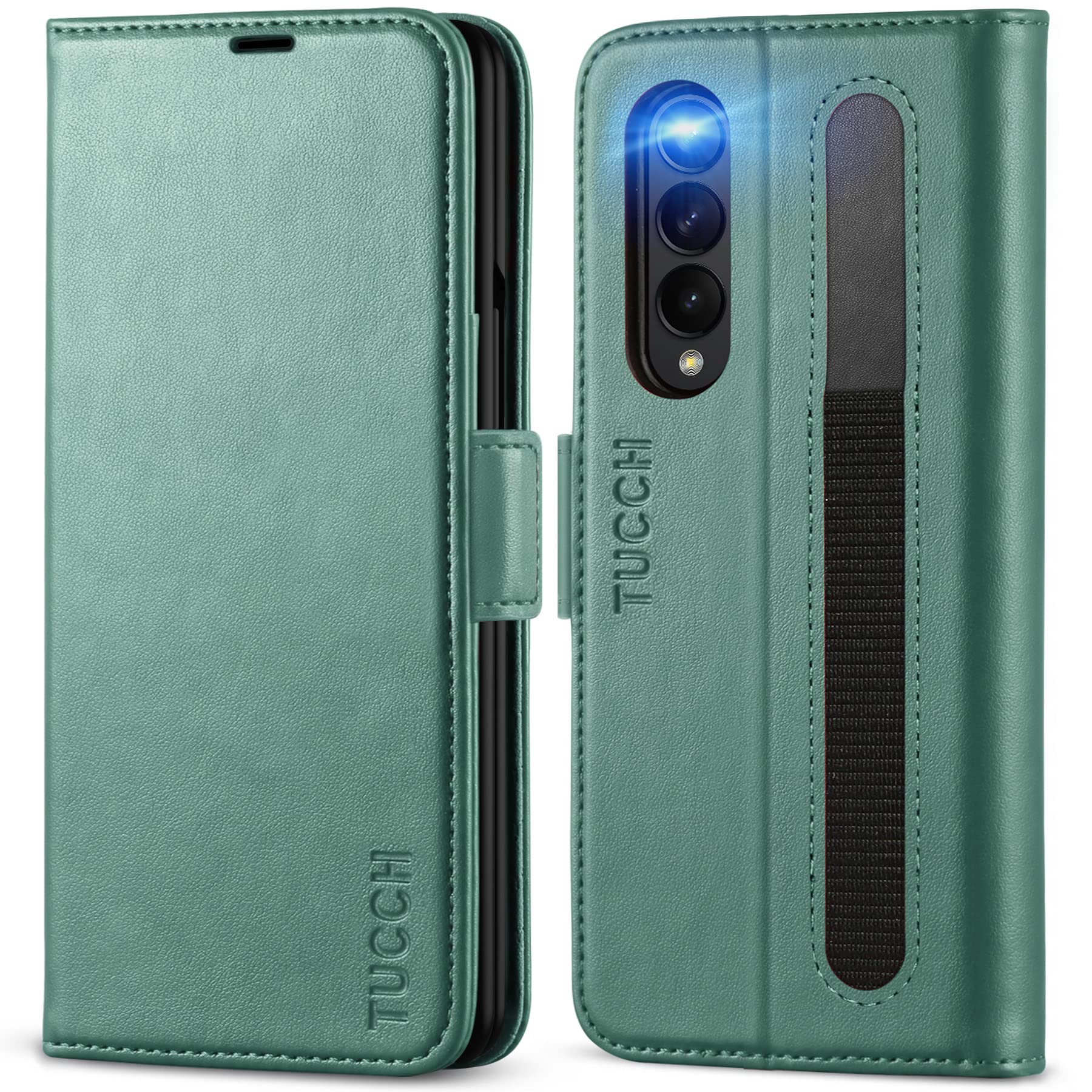 TUCCH Case for Galaxy Z Fold 3 5G 2021, Protective PU Leather Wallet Folio Cover with S Pen Holder[RFID Blocking][Kickstand][PC Shell][Card Slots] Compatible with Galaxy Z Fold3(7.6"), Myrtle Green