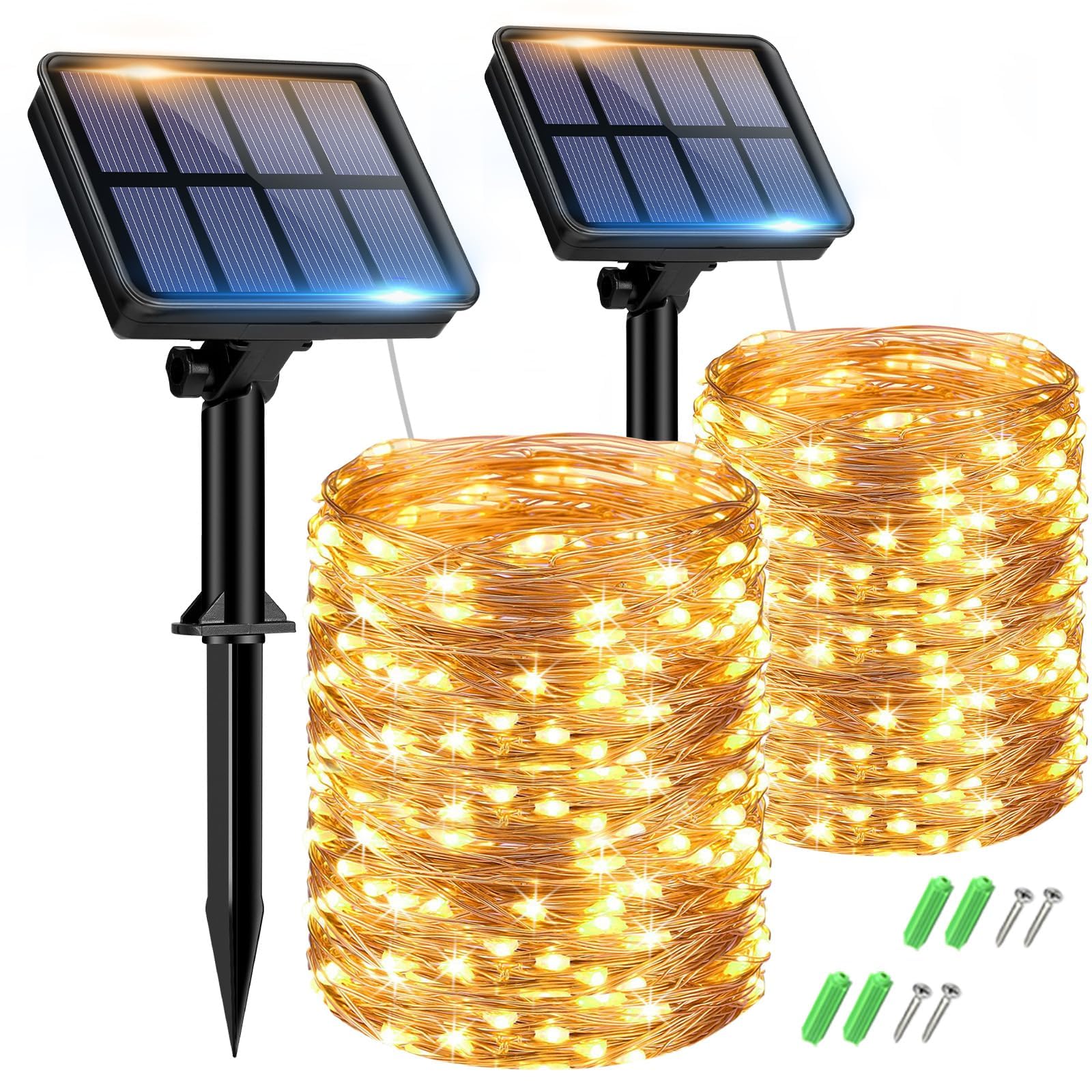 btfarm 2 Pack Solar String Lights Outdoor Garden Waterproof, 15M/50FT 150 LED Solar Powered Fairy Lights, 8 Modes Copper Wire Lights for Patio Yard Party Christmas Decorations, Warm White