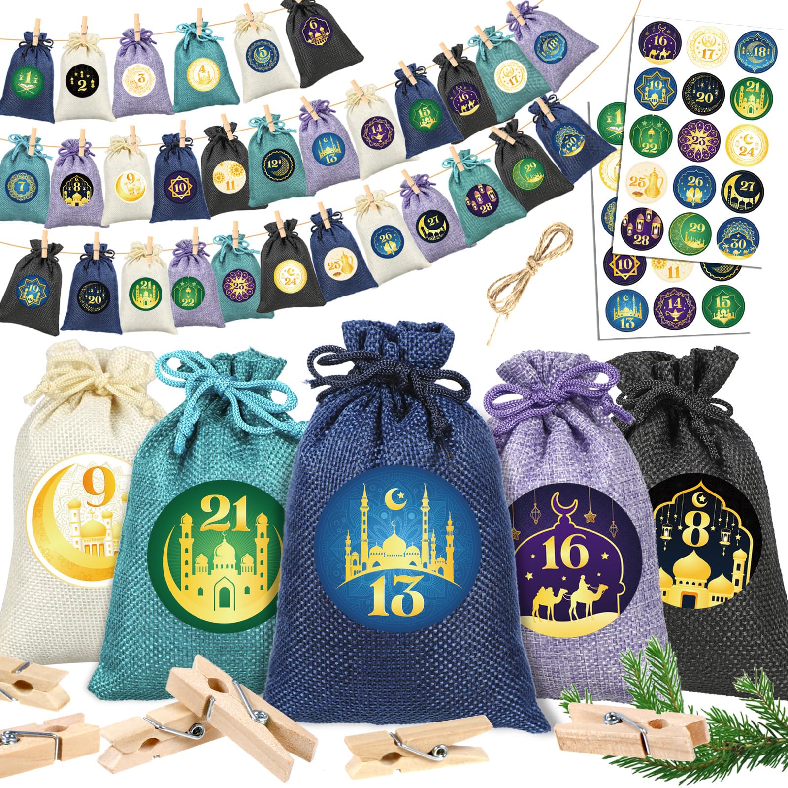 HOWAF Ramadan Advent Calendar Kit, Ramadan Advent Calendar Bags DIY Fabric Drawstring Bags Ramadan Advent Calendar Stickers, with Clips Rope for Ramadan Calendar Countdown Eid Ramadan Decorations