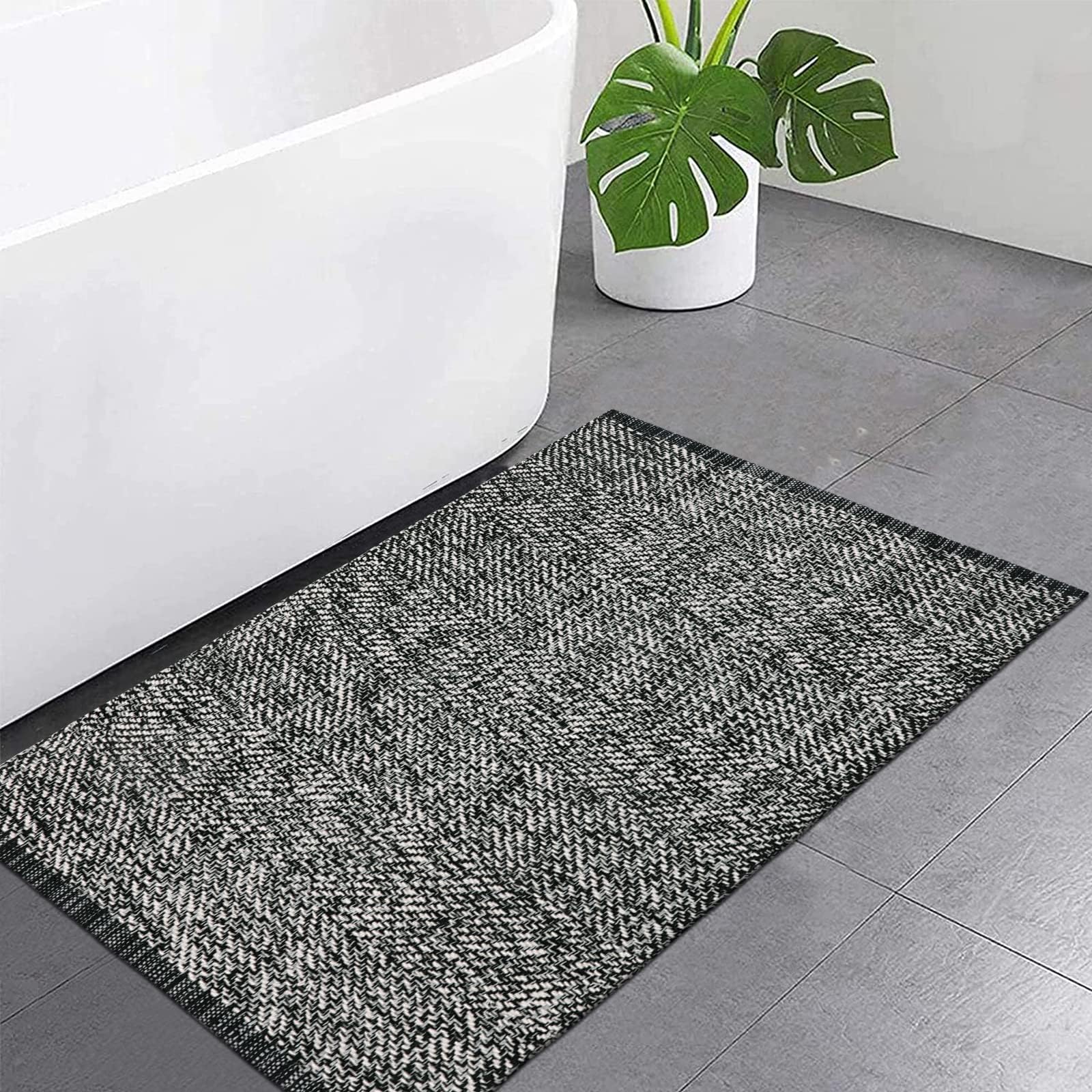 Photo 1 of LEEVAN Washable Bathroom Rug, 2'x3' Black Woven Entryway Rug Front Door Mat Cotton Small Kitchen Rugs, Modern Reversible Laundry Room Farmhouse Carpet for Foyer Front Porch Decor