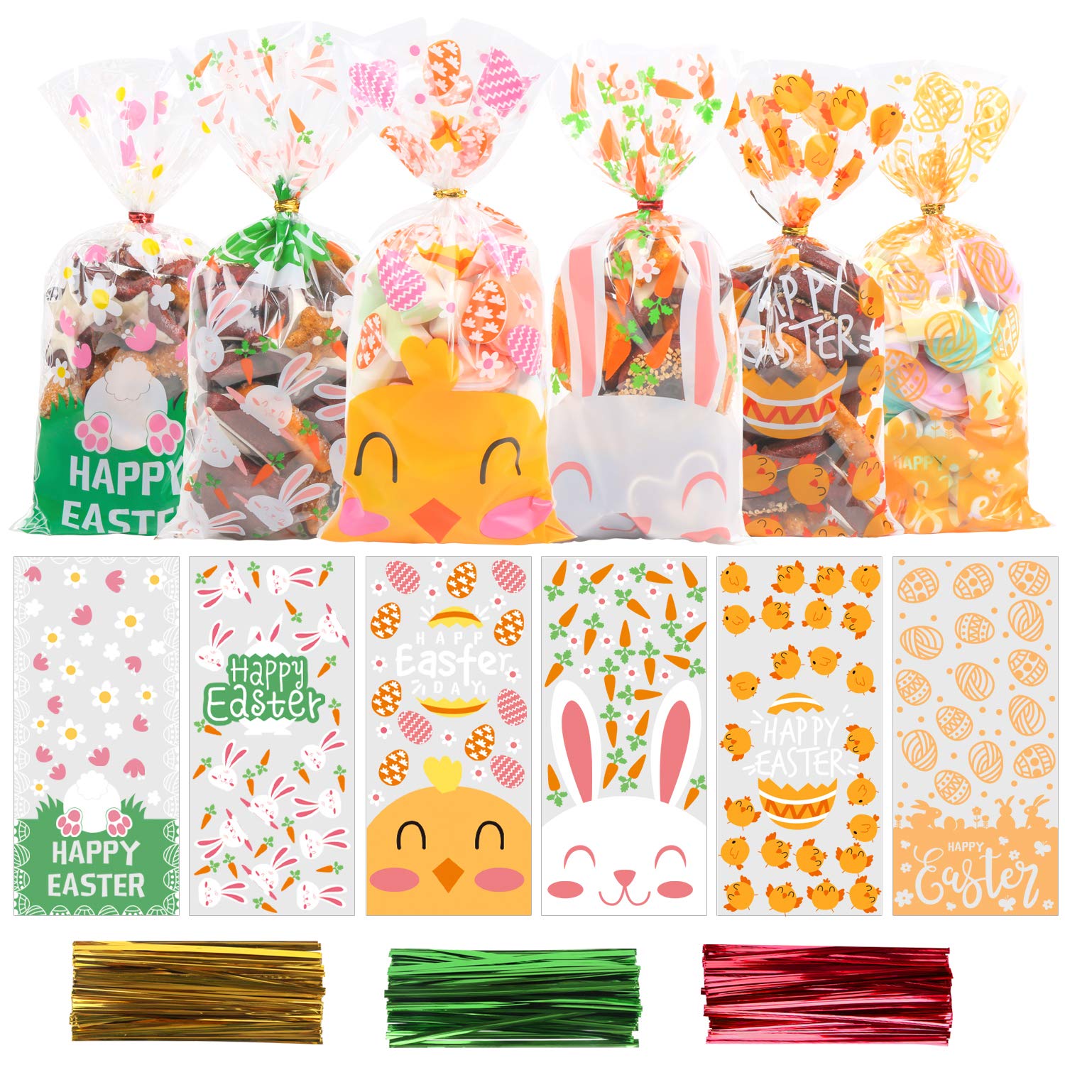VEYLIN Easter Cellophane Bags,120 Pieces Easter Candy Cookie Bags with Twist Ties for Easter Party Supply（6 Style）