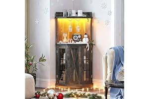 DWVO 53" Corner Bar Cabinet, Farmhouse Wine Cabinet with Glass Holder & LED Lights, 4-Tiers Liquor Bar with Glass Door & Shelves for Home Kitchen, Living Dining Room, Dark Rustic Oak