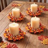 Fall Decor, Fall Candle Rings Wreaths, Autumn Pumpkin Wreath Decor | 4 Pack Small Fall Wreath, Fall Berry Candle Holders, Cozy Tabletop Centerpiece Farmhouse Harvest Thanksgiving Decorations