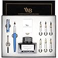 Wordsworth & Black Calligraphy Pen Gift Set, Includes Ink Bottle, 6 Ink Cartridges, Ink Refill Converter, 6 Replacement Nibs, Premium Package, Journaling, Smooth Writing Pens [Blue Chrome]