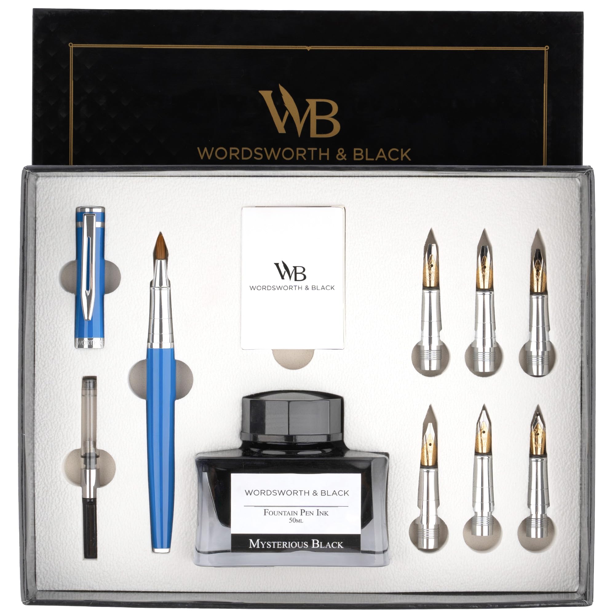 Wordsworth & Black Calligraphy Pen Gift Set, Includes Ink Bottle, 6 Ink Cartridges, A Refill Converter, 6 Replacement Nibs, Journaling, Smooth Writing Pens [Blue Chrome]