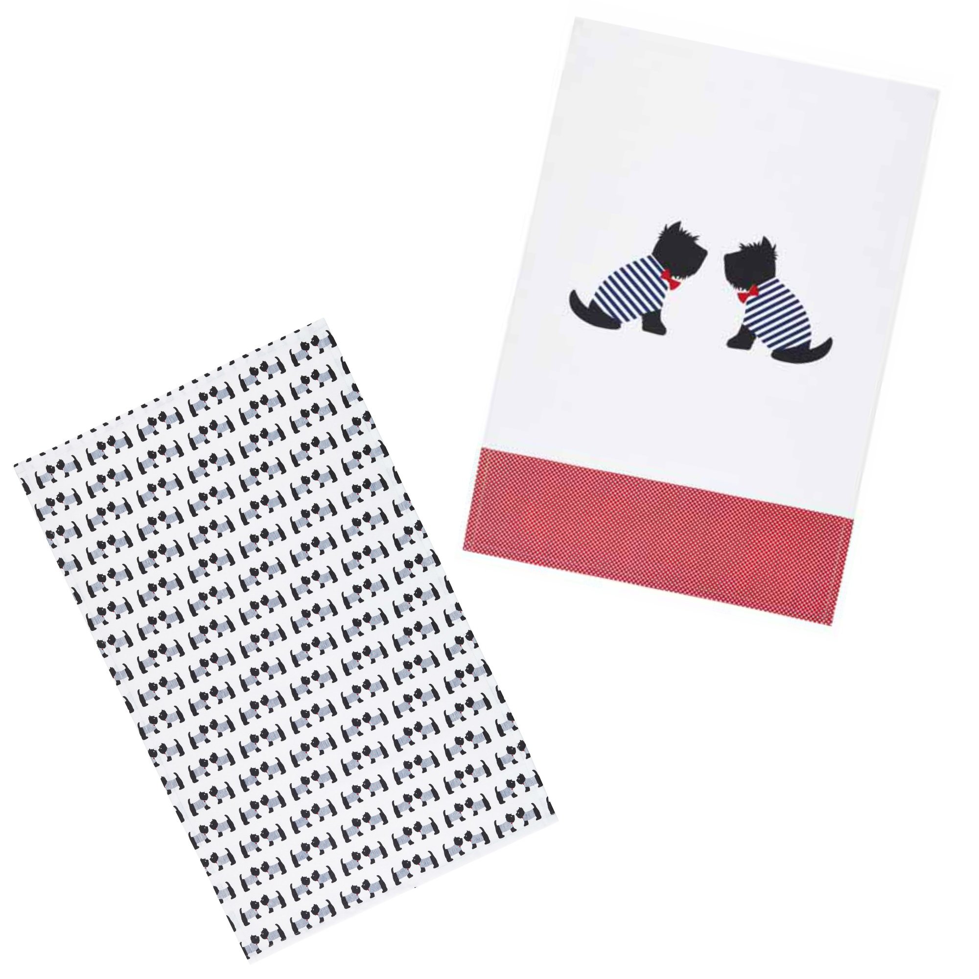 KitchenCraft 'Westie' 1% Cotton Printed Dog Tea Towels, 7 x 47 cm - Red / White / Black (Set of 2)