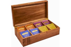 Chicvilla Acacia Wood Tea Bag Organizer and Storage Tea Box - 8 Compartment for Tea Bags & Sugar Packets with Gold-Tone Hinges, Gift-Inspired Design With Decorative Parcel Grooves