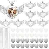 ZYNERY 48 Pcs Sublimation Rhinestone Trays Pendant Set, Sublimation Necklace Blank with Chain, Includes 8 Double Sided Blank Rhinestone Bezel Trays, 8 Chains, 16 Sublimation Discs, 16 Tapes (Wings)
