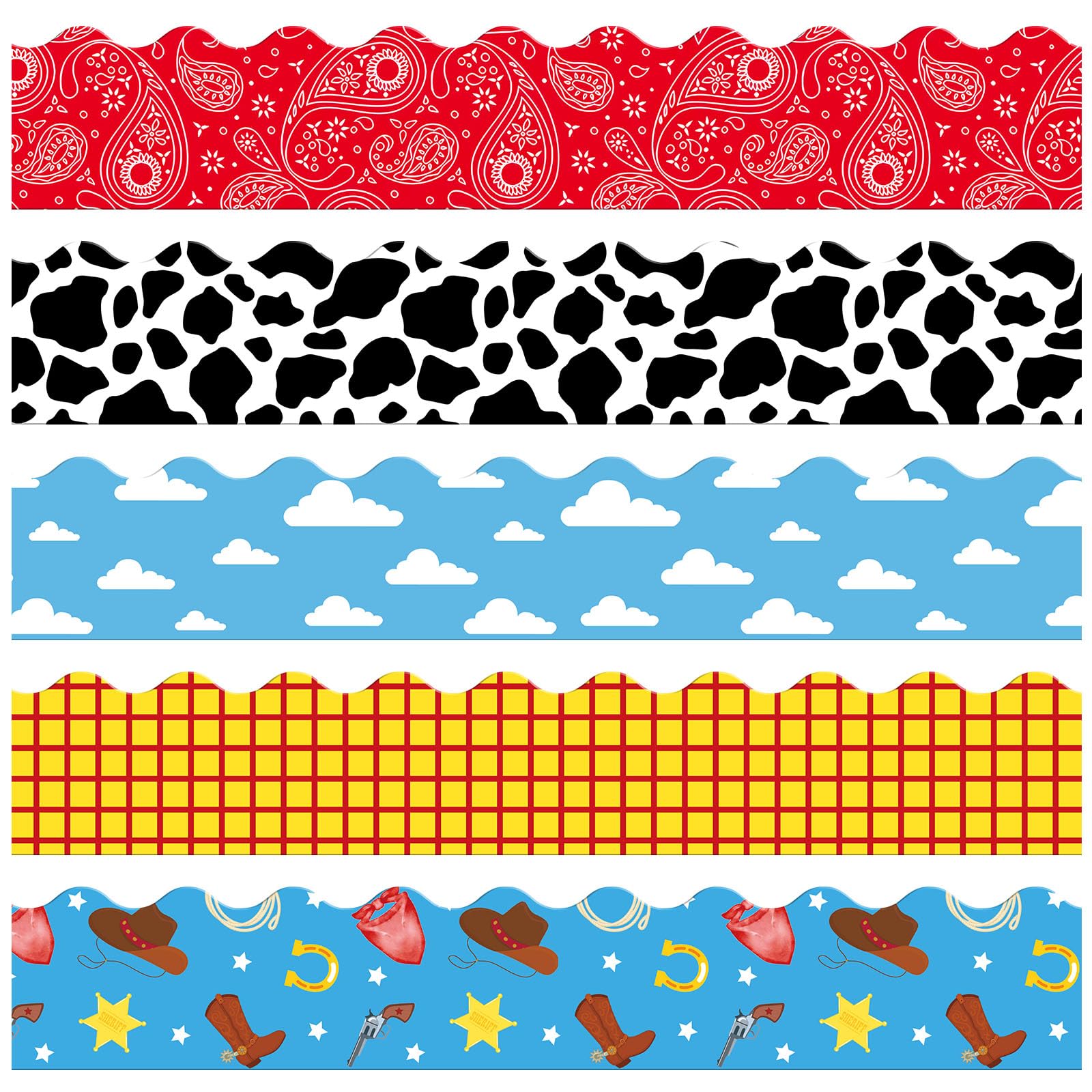Photo 1 of 100Pcs Cartoon Story Bulletin Board Borders Cow Blue Sky White Clouds Cowboy Boots Horsehoe Red Bandana Printed Bulletin Scalloped Border Trim for Christmas Back to School Classroom Decorations